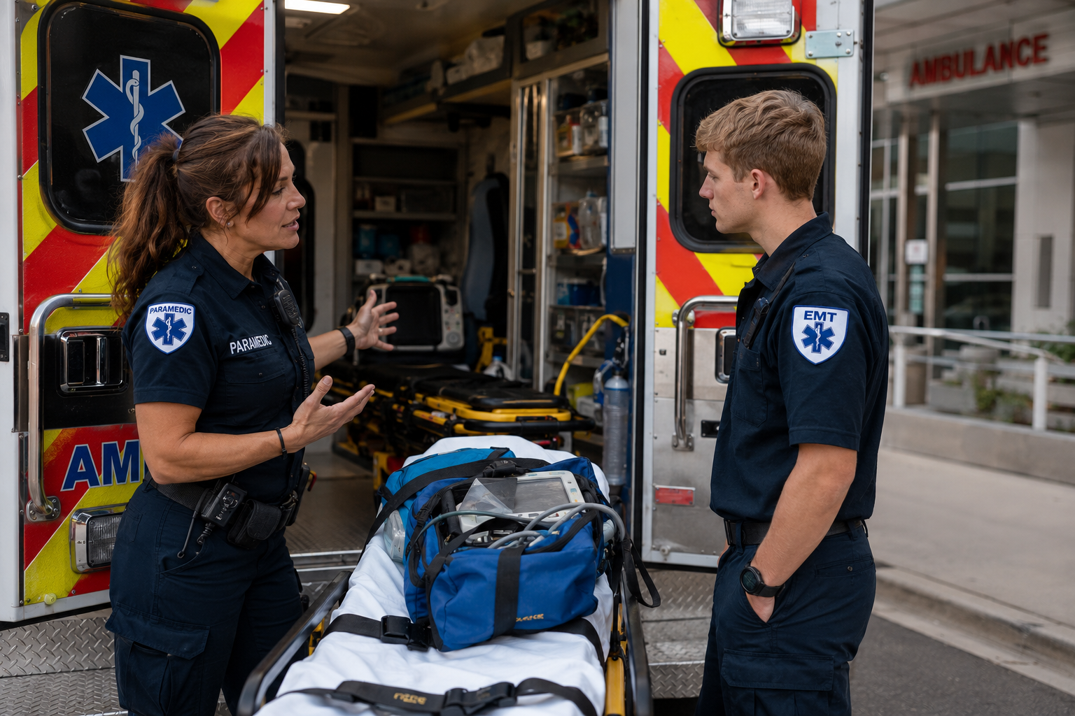 Paramedic mentoring a new EMT beside the ambulance