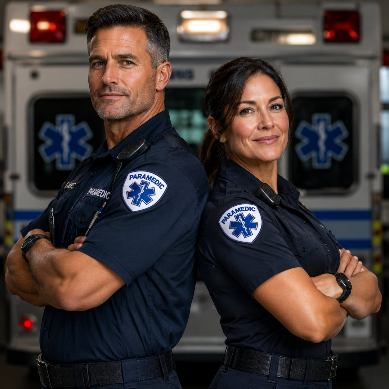 Two LifeSafetyLeaders paramedics standing back to back in front of an ambulance