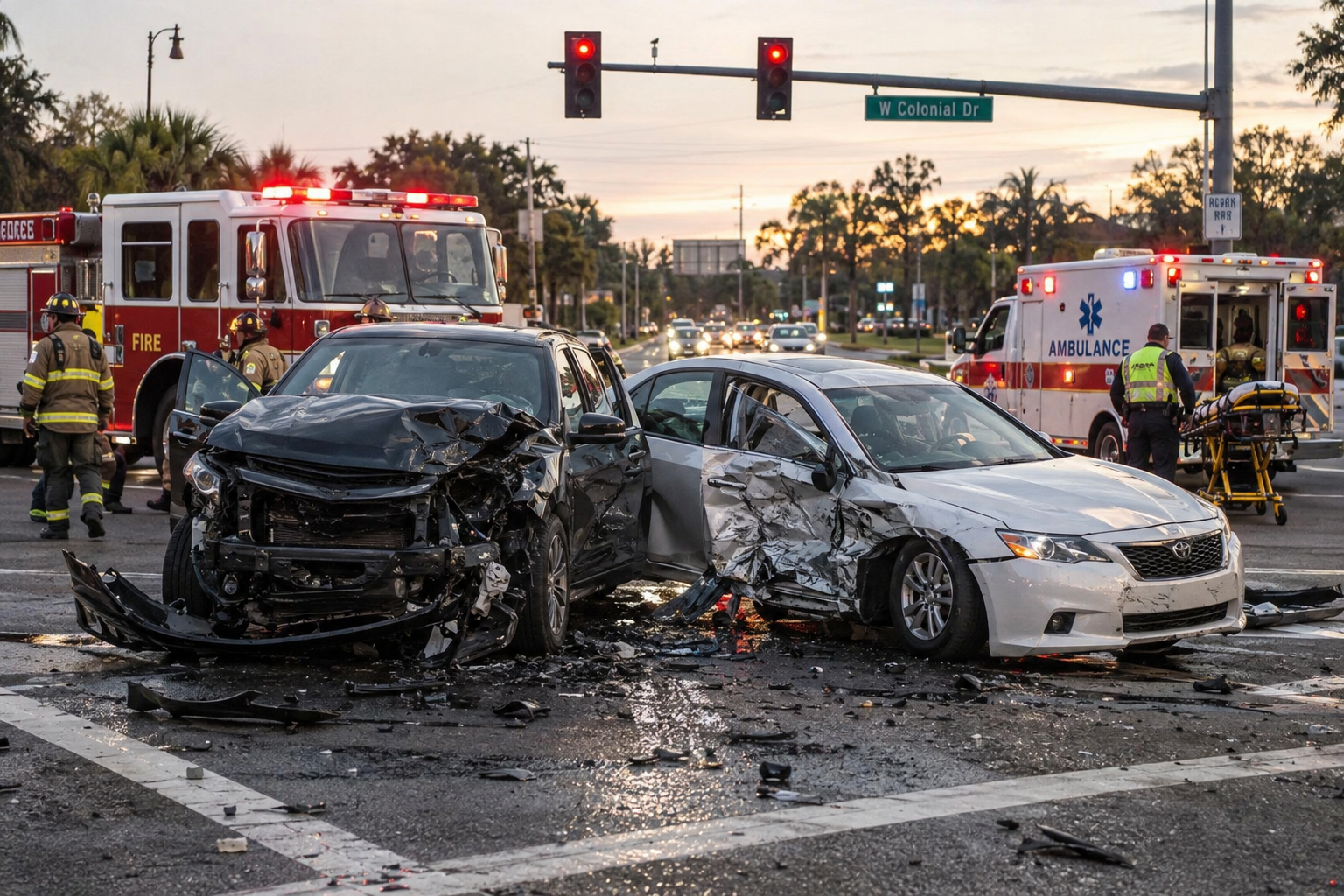 Ambulance and fire truck responding to a motor vehicle accident scene